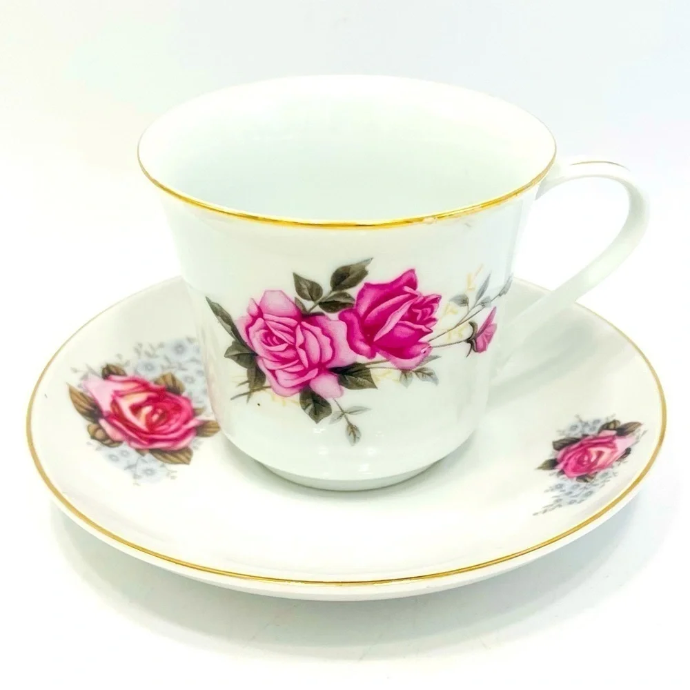 Cottagecore Roses Teacup & Saucer Old English Rose Pink Roses Shabby Chic Cup